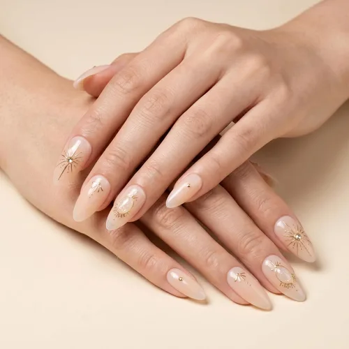 Miniatura 3 de Sun&Beam Nails Dije hecho a mano de almendra media larga con diseño de diamante de color nude, lindas puntas de uñas postizas, 10 unidades (#99 S)