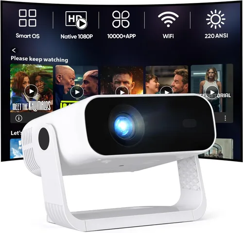 Proyector Mini Smart, con Wifi y Bluetooth, 220 ANSI 1080P HD, aplicaciones integradas, proyector de película portátil para dormitorio al aire