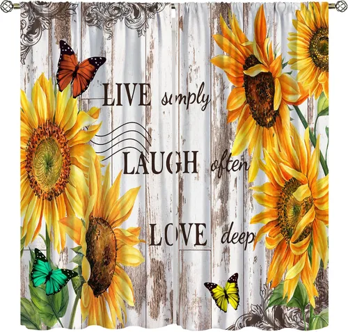 Miniatura 26 de Sunflower Curtains for Living Room Bedroom, Spring Nature Blue Sky and Butterfly Window Drapes, Rustic Wooden Fence Floral Botanical Decor, 2 Panels