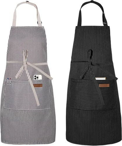 Serrenf Paquete de 2 delantales, delantales de cocina de cocina, delantal ajustable con 2 bolsillos para hombres y mujeres, delantal de chef