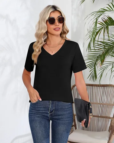 Miniatura 7 de Ficerd Paquete de 2 camisetas con cuello en V para mujer, manga corta o larga, camisetas básicas de verano casuales con dobladillo sólido