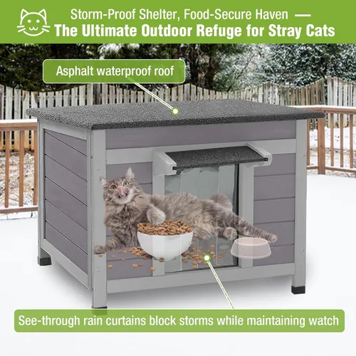 Miniatura 4 de GUTINNEEN Casa climatizada para gatos al aire libre con forro aislante para invierno, impermeable, refugio para gatos
