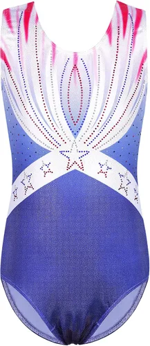 Leotardo para gimnasia artística, deportivo, brillante, con bandera de Estados Unidos, rojo, blanco y azul para niña