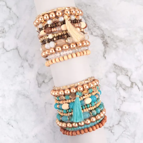 Miniatura 3 de RIAH FASHION Bohemian Multi-Layer Beaded Pendant Statement Stretch Strand Bracelet - Sparkly Bead Tassel Pom Pom Star Charm Stack Cuff Bangles
