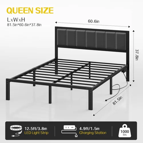 Miniatura 2 de OLEVS Marco de cama Queen con cabecero, cama de plataforma de metal tamaño Queen con estación de carga USB y luces LED, no necesita somier