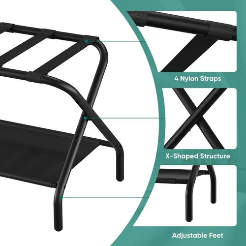 Miniatura 5 de Smuxee Portaequipajes Negro Paquete de 2, Soporte Plegable para Maletas con Estante de Almacenamiento de Tela, Portamaletas con 4 Correas de Nailon