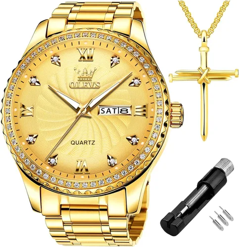 Miniatura 32 de OLEVS - Relojes de diamantes para hombres, relojes de vestir a prueba de agua, relojes analógicos de cuarzo de lujo con calendario de fecha y correa
