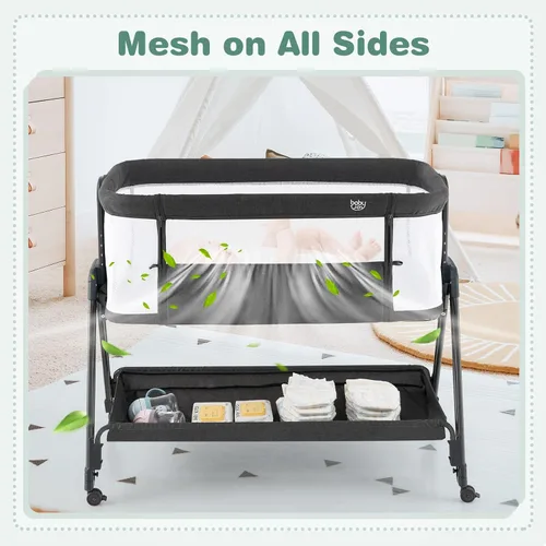 Miniatura 3 de BABY JOY Moisés para dormir junto a la cama, cuna plegable fácil con malla en todos los lados, estante de almacenamiento, 7 alturas ajustables, Negro