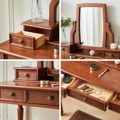 Miniatura 5 de 39.4in Vintage Vanity Desk with Adjustable Angle Mirror, Wooden Dressing Table Set for Bedroom with 5 Drawers, Cushioned Stool