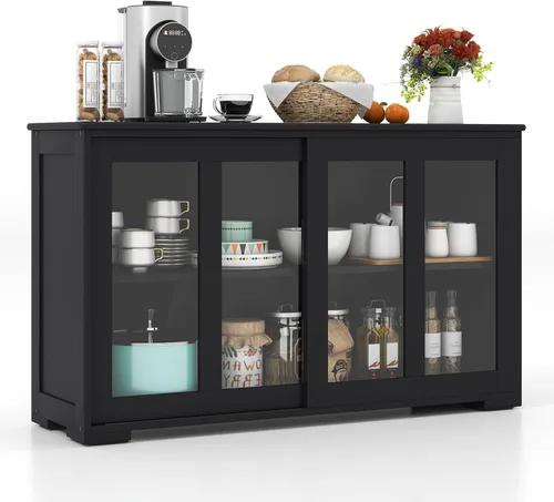 Miniatura 9 de NAFORT Aparador de madera con puertas correderas, mesa de consola de almacenamiento de cocina, barra de café con estante ajustable para sala de Negro