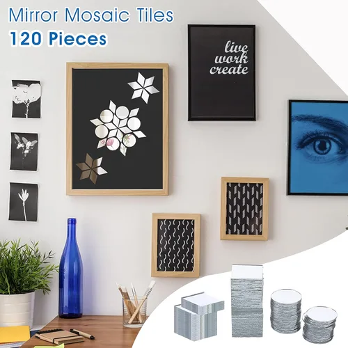 Miniatura 3 de Prasacco 120 espejos pequeños para manualidades, piezas de espejo de 3 formas para manualidades, espejo cuadrado redondo de diamante, azulejos