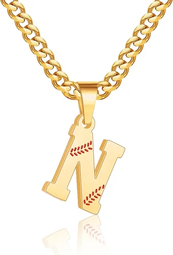 Miniatura 7 de Avotto Collar de béisbol con letra inicial de la A a la Z para niños y hombres, cadena cubana de acero inoxidable resistente que no se decolora