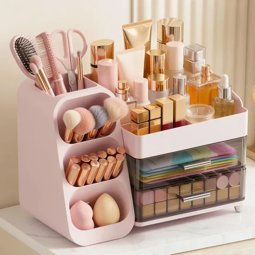 Miniatura 9 de Organizador de maquillaje de gran capacidad con soporte para brochas de maquillaje para tocador, material grueso, organizador de encimera de baño