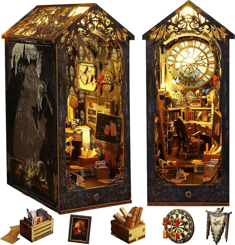 Sutinban Kit de rincón de libros, rompecabezas de madera 3D, decoración de estantería con luz LED, gran regalo para adolescentes y adultos, kit de