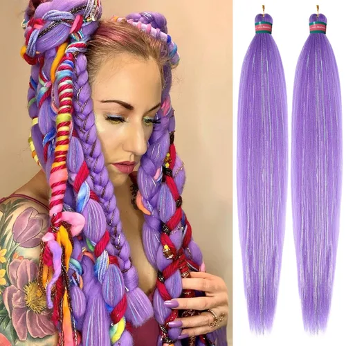 Miniatura 30 de Extensiones de cabello para trenzar verde+verde claro, preestiradas, 2 paquetes, con cabello plumoso pre-trenzado, extensiones de cabello