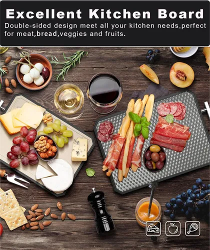 Miniatura 8 de Tabla de cortar de acero inoxidable, grande de 15 x 11 pulgadas, tabla de cortar de doble cara para cocina, paja de trigo de grado alimenticio PP