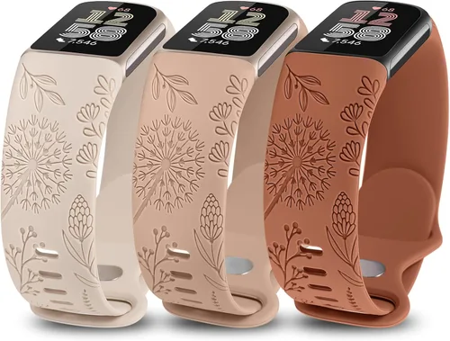 Minyee Paquete de 3 bandas grabadas florales compatibles con Fitbit Charge 6 bandas/Fitbit Charge 5 bandas para mujer, lindo diseño de flores de