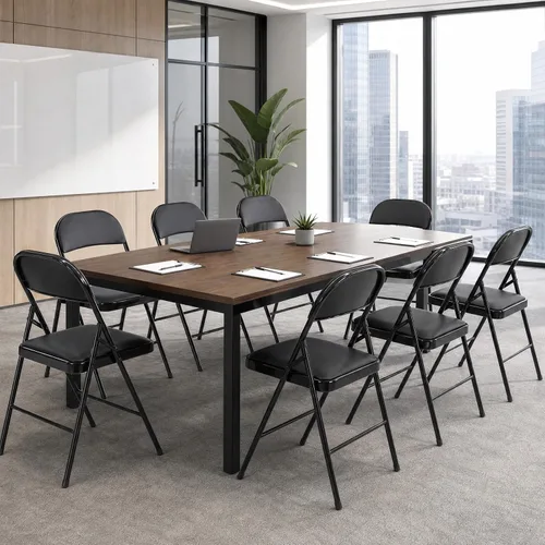 Miniatura 8 de DUMOS Paquete de 4 sillas plegables acolchadas de cuero, asiento comercial apilable portátil para interiores y exteriores, con marco de acero, Negro