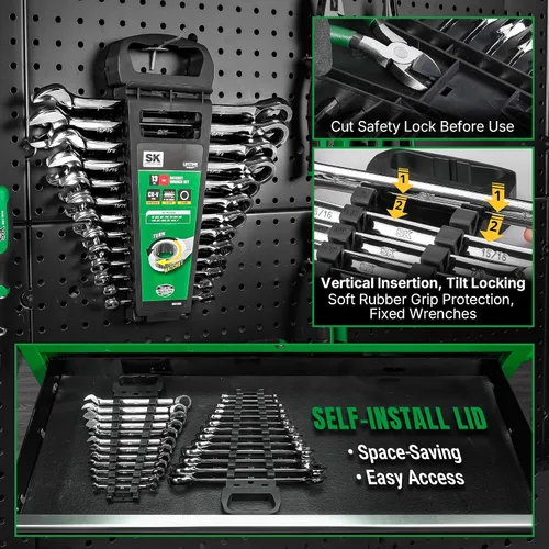 Miniatura 7 de SK Juego de llaves de trinquete, juego de llaves combinadas, 13 piezas, SAE de 1/4 a 1 pulgada, 72 dientes, construcción CR-V premium