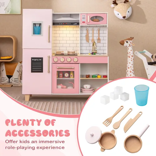 Miniatura 6 de Costzon Juego de Cocina Infantil de Madera, Cocina de Simulación con Parrilla BBQ, Fabricador de Hielo, Campana Extractora, Pizarra y Accesorios