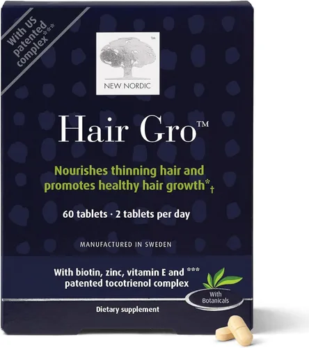NEW NORDIC Hair GRO, Suplemento para el crecimiento del cabello, biotina y extracto de fruta de palma, tocotrienoles para un nuevo crecimiento