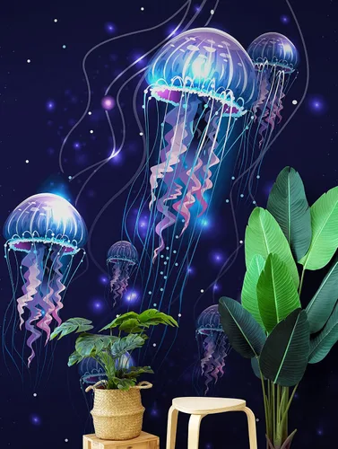 Miniatura 4 de Papel tapiz de medusas. Mural de pared de escena oceánica submarina. Decoración de pared de habitación de niños. Papel tapiz de baño. Decoración