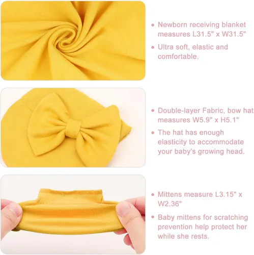 Miniatura 2 de AQOKKA Manta para Recién Nacido con Moño, Juego de Sombrero y Guantes, Tarjeta de Madera para Recién Nacidos, Niños, Niñas, Envoltorio para Envolver