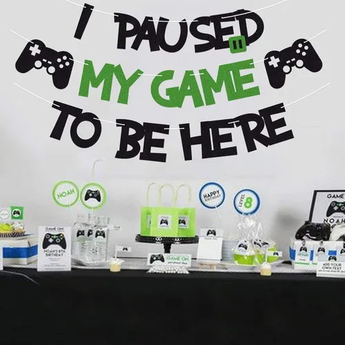 Miniatura 6 de Cartel de decoración de fiesta temática de videojuegos con purpurina con texto en inglés "I Paused My Game To Be Here