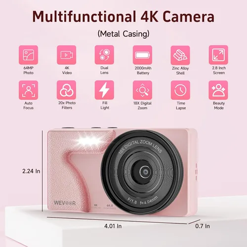 Miniatura 7 de Cámara de vlogging 4K de 64 MP, cámara digital de enfoque automático rápido de 64 GB con doble cámara, lente ancha, batería de 2000 mAh y zoom