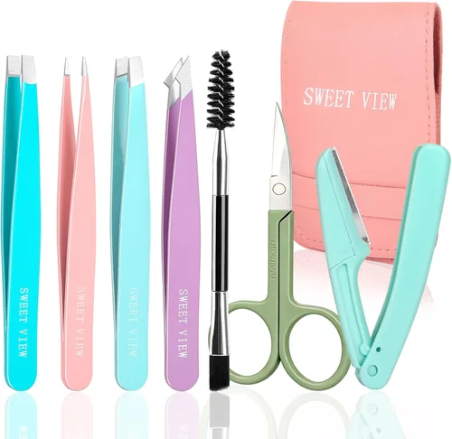 SWEET VIEW Juego de 7 pinzas para cejas para mujeres, pinzas de precisión con tijeras para cejas y navaja y bobina para depilación facial, barbilla,