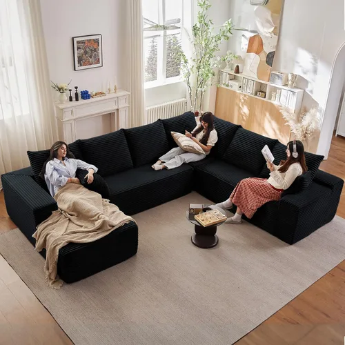 Miniatura 25 de Sofá modular de 95 pulgadas con otomana, moderno sofá nube de pana con asiento profundo, sofá sin hueso tapizado de 3 plazas en forma de U para sala