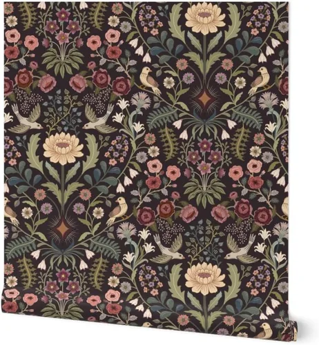 Papel tapiz autoadhesivo para despegar y pegar, papel tapiz tradicional floral, arte popular, pájaros, verde victoriano, borgoña, extra grande,