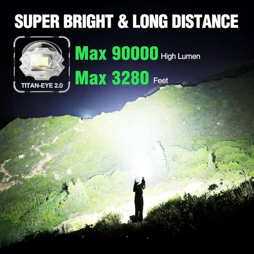 Miniatura 2 de WdtPro Linternas LED recargables de alto lúmenes, linterna recargable súper brillante de 90000LM con pantalla LCD, 5 modos y potente linterna