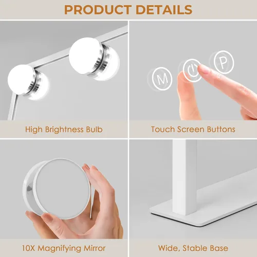 Miniatura 4 de Espejo de tocador con luces, espejo de maquillaje con 3 modos de iluminación, espejo iluminado con sensor táctil, alimentado por CA, giratorio 360°