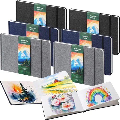 Miniatura 10 de Mooliwe 6 cuadernos de bocetos de acuarela, diario pequeño de papel de acuarela a granel para pintar 300 GSM, 140 libras, algodón prensado en frío