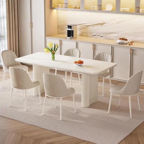Mesa de Comedor Rectangular de 63" con 6 Sillas, Mesa de Cocina Moderna Blanca con Juego de Sillas para Sala de Estar, Comedor y Cocina Blanco-A