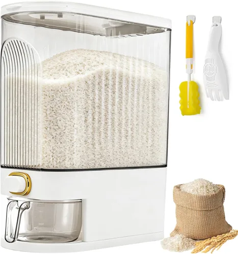 Cididu Dispensador de soporte de arroz transparente, contenedor de almacenamiento de grano grande de 22 libras con taza medidora, cubo dispensador