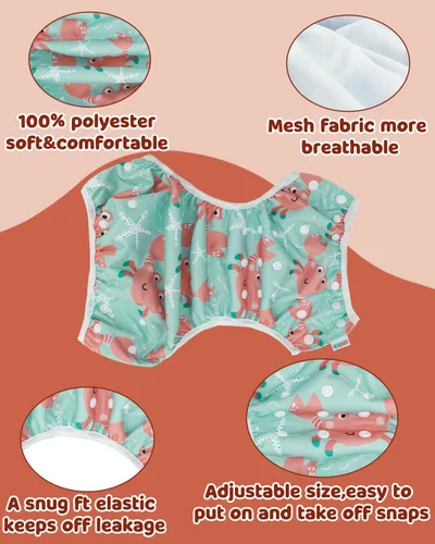 Miniatura 75 de Alva, Pañales de bebé para nadar, paquete de 2 unidades, talle único, reutilizable, lavable y ajustable de 0 a 36 meses. Tamaño de 10 a 40 lbs