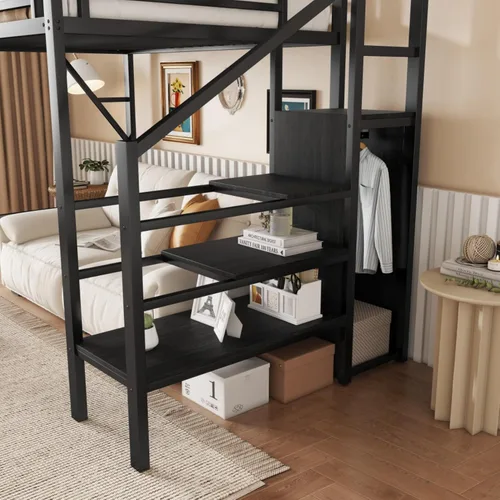 Miniatura 7 de Cama alta convertible de tamaño individual con escaleras de almacenamiento, estantes y armario, marco de cama de metal con barandilla de seguridad