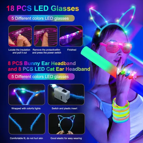 Miniatura 6 de OLUPP 282 piezas de suministros de fiesta que brillan en la oscuridad, 18 varillas de espuma, 18 lentes LED, 200 varillas brillantes, 30 luces