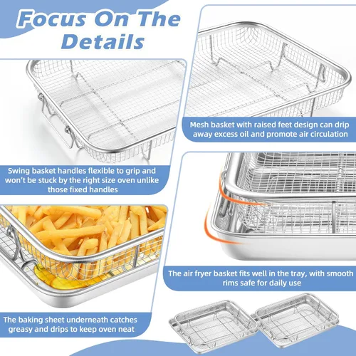 Miniatura 3 de TeamFar Cesta para freidora de aire para horno, juego de 2 cestas y bandeja de freidora de aire de acero inoxidable, estante para freidora de aire