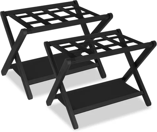 Miniatura 18 de Heybly Portaequipajes, soporte plegable para maleta con estante de almacenamiento, soporte de equipaje con 5 correas de nailon para habitación