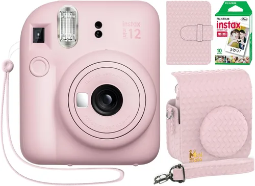 Fujifilm Cámara instantánea Instax Mini 12 color rosa flor + estuche personalizado Minimate + película fotográfica Fuji Instax 10 hojas y álbum de