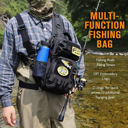 Miniatura 4 de Dovesun Mochila de pesca pequeña con cajas de aparejos, bolsa de pesca con parches bordados de bricolaje, bolsa de aparejos de regalo para hombres