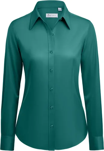 Miniatura 18 de siliteelon Camisas con botones para mujer: camisa de vestir de manga larga sin arrugas, ajuste clásico, con cuello, color sólido, formal