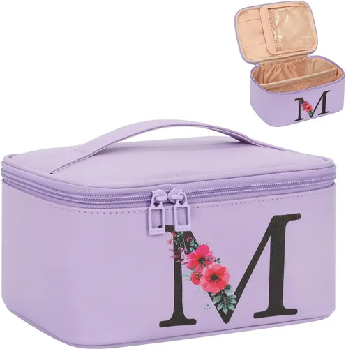 Miniatura 16 de OCHEAL Bolsa de maquillaje personalizada, bolsa de maquillaje beige para mujer, kit de aseo de viaje con monograma, organizador de cosméticos listo