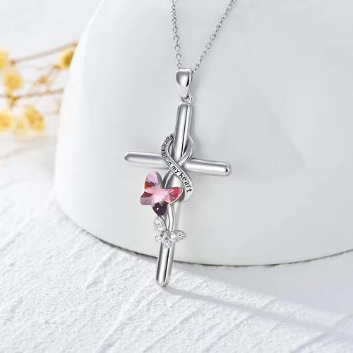 Miniatura 5 de Flpruy Collar de cruz para mujer, plata de ley 925, collar con texto en inglés "I Love You", joyería religiosa con caja de regalo para madre e hija