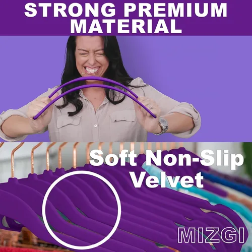 Miniatura 2 de MIZGI Perchas de terciopelo prémium (paquete de 50) resistentes - Percha de fieltro antideslizante - Perchas de terciopelo para trajes, color morado