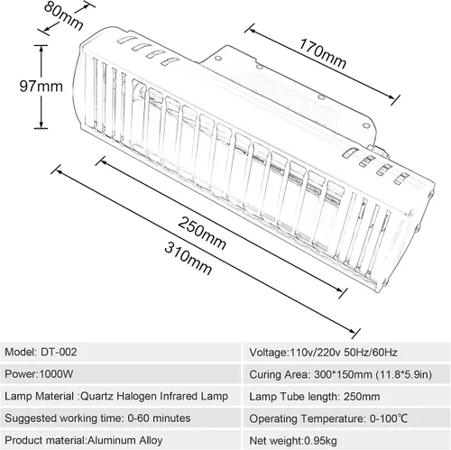 Miniatura 2 de DATOUBOSS Lámpara de curado de pintura infrarroja de onda corta de 1000 W, lámpara de calor infrarrojo para reparación de carrocería de automóvil