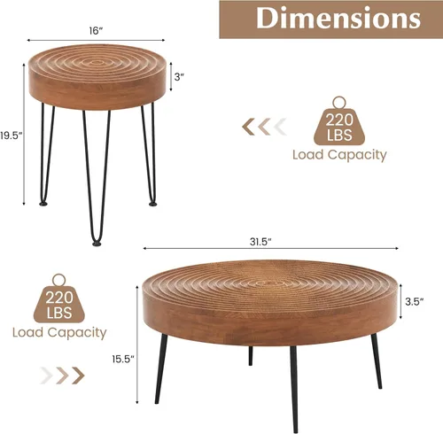 Miniatura 2 de Giantex Juego de 2 mesas auxiliares redondas bohemias, mesa anidable lateral para sofá con parte superior de madera de pino maciza, patas de metal